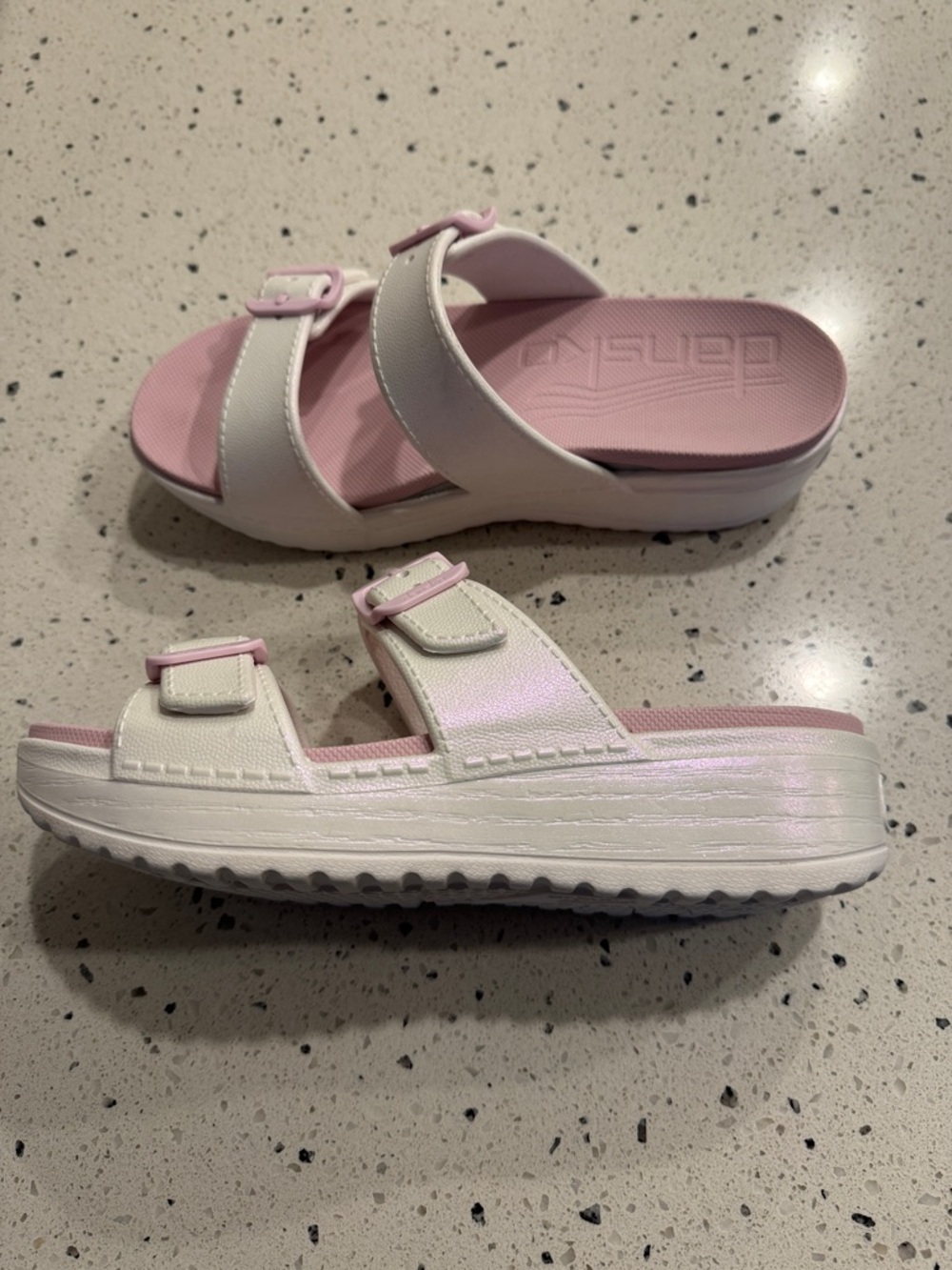 Dansko White and Light Pink Shimmering Slide Sandal Comfortable Platform Size 40